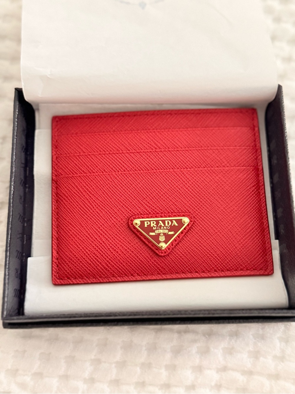 NWT: Prada Red Saffiano Leather Card Case with Gold-Tone Logo